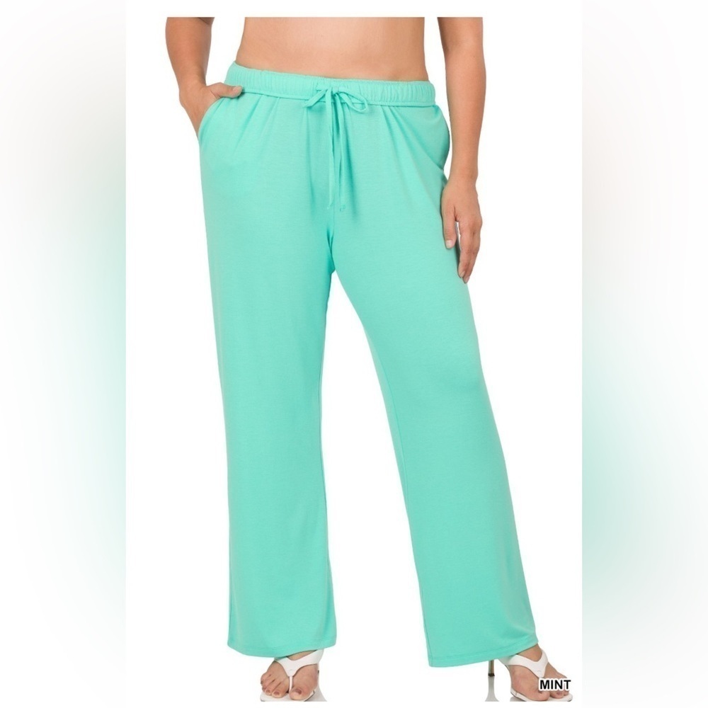 Zenana Plus Size Drawstring Flowy Loose Mint Pants